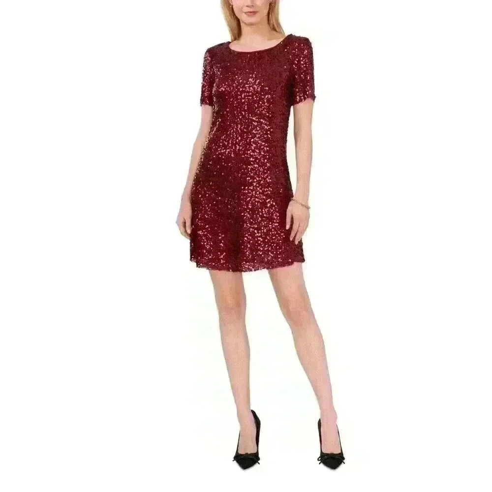 NWT Vince Camuto‎ Women's Red Sequined Round-Neck Short-Sleeve Dress Size S